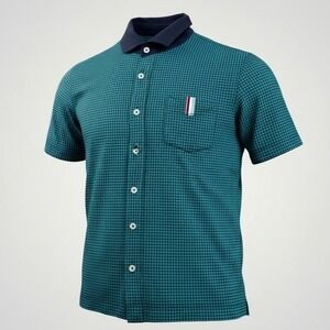 Takeo Kikuchi Polo Shirt Mens 3 Medium Teal Navy Houndstooth Streetwear Indie